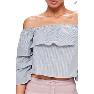 Missguided Bardot Stripe Tiered Crop Top Navy